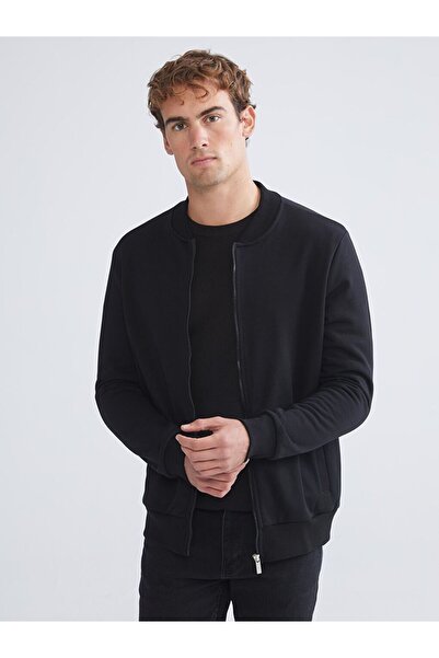 LC Waikiki Black College Collar Men's Thick Zippered Sweatshirt