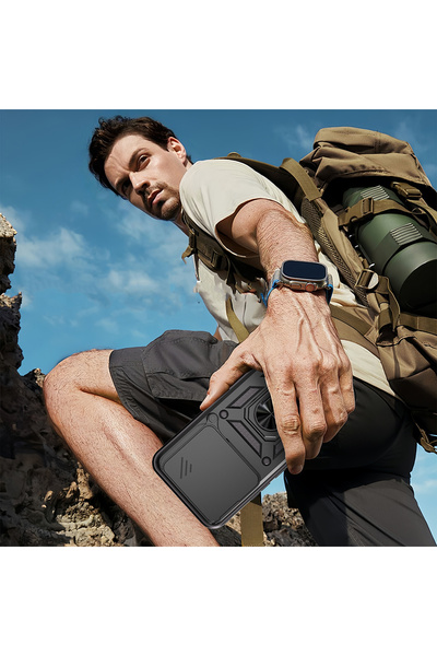 BUTAM BİLİŞİM Honor 400 Case Magnetic Stand Camera Protected Tough Sliding Vega Cover - Blue