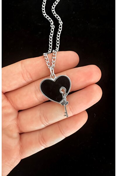 DarkellaStore Black Heart Key Detail Necklace, Black Heart Necklace