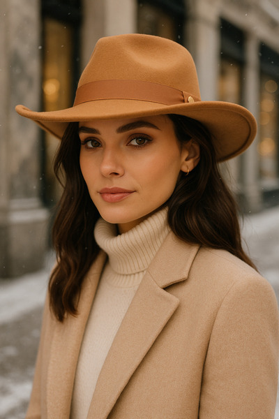 Luminos Butik Women's Camel Curved Brim Cowboy Cashmere Panama Hat Spk1149