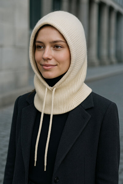 Luminos Butik Women's Imported Knitwear Beige Balaklava Neck Collar Hat Byn05