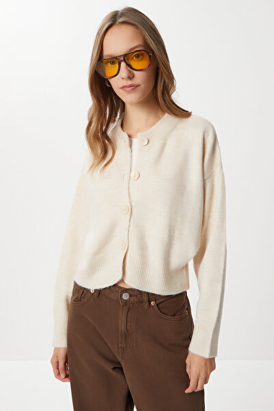 Lovelyİstanbul Düğmeli Yün Efektli Triko Hırka LBP0028 KREM