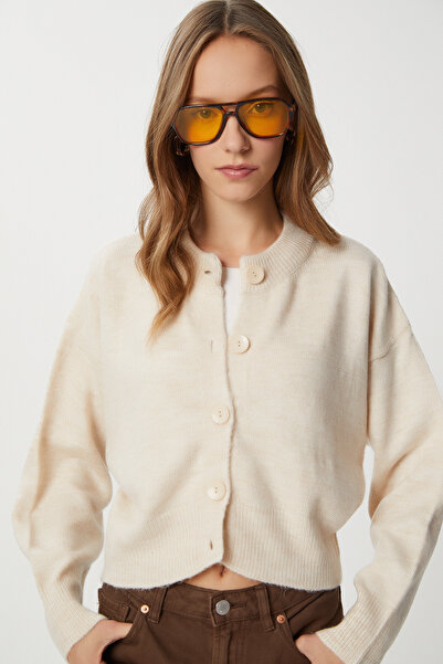 Lovelyİstanbul Düğmeli Yün Efektli Triko Hırka LBP0028 KREM