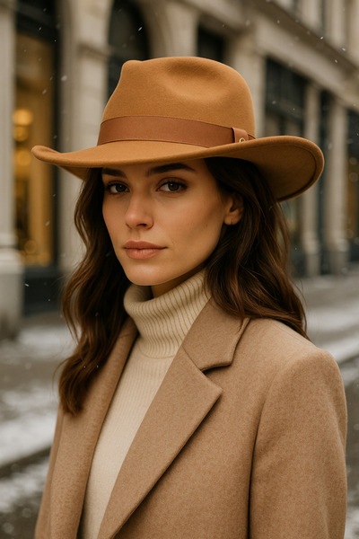 Luminos Butik Women's Camel Curved Brim Cowboy Cashmere Panama Hat Spk1149