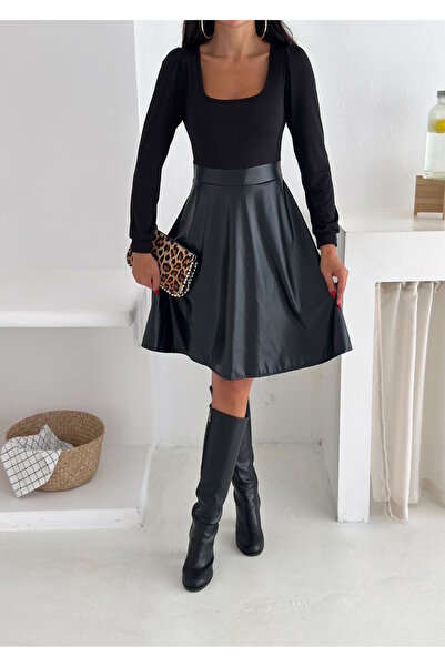 YUSUF CAN KARATAŞ KARATAŞ GİYİM Rochie de damă, culoare neagră, cu guler pătrat, cu mâneci lungi, din piele, kiloş