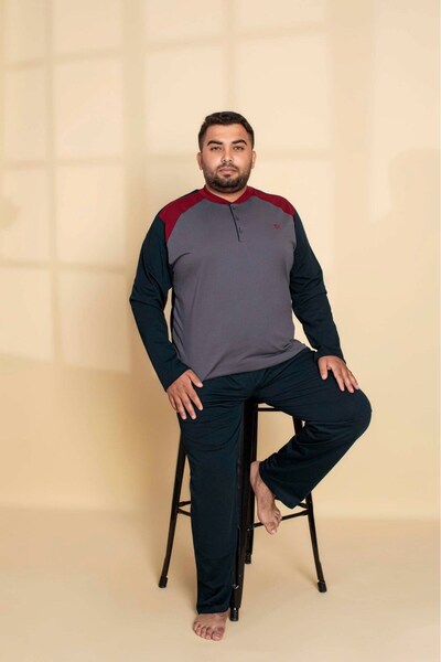 GUAVA+ Men's Large Plus Size Patterned 3 Button 100% Cotton Seasonal Long Sleeve Pajama Set with Pockets