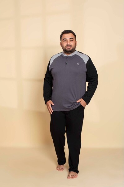 GUAVA+ Men's Large Plus Size Patterned 3 Button 100% Cotton Seasonal Long Sleeve Pajama Set with Pockets