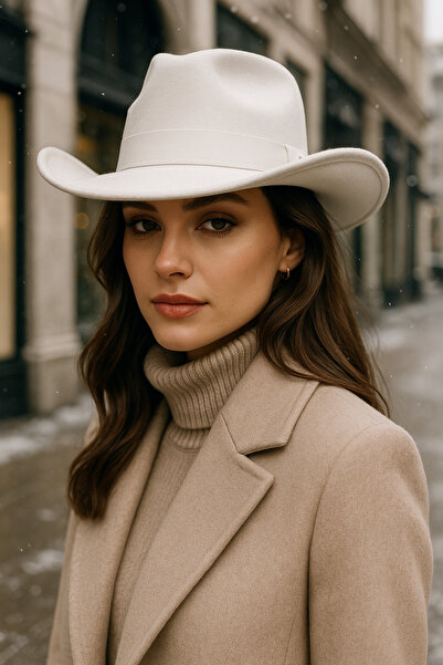 Luminos Butik Women's White Curved Brim Cowboy Cashmere Panama Hat Spk1149