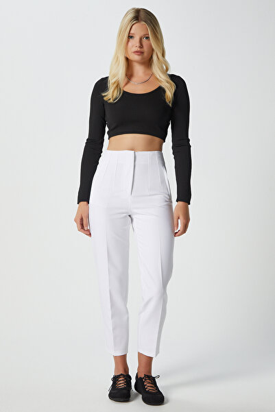 Ritnice Women's Jeremy Tok Textured Ribbed Ecru Carrot Pants 5113