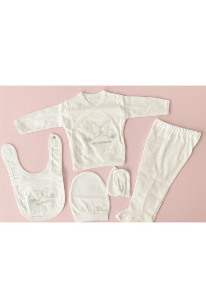 mini mia White Butterfly Patterned 5 Piece Newborn Hospital Discharge Set – 100% Cotton, Boxed