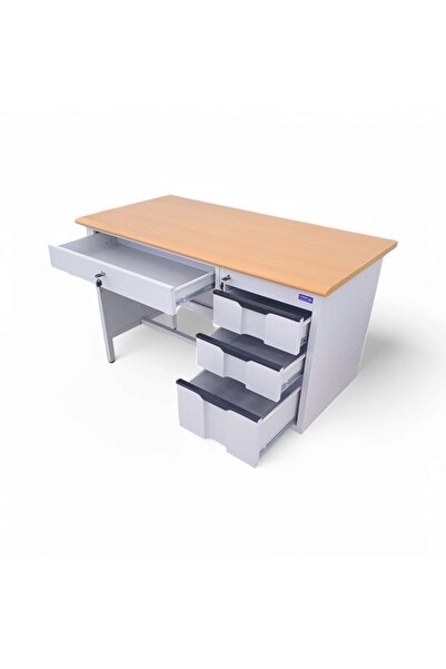 concent Office desk with iron drawers - wood top and gray iron frame with sliding drawer
