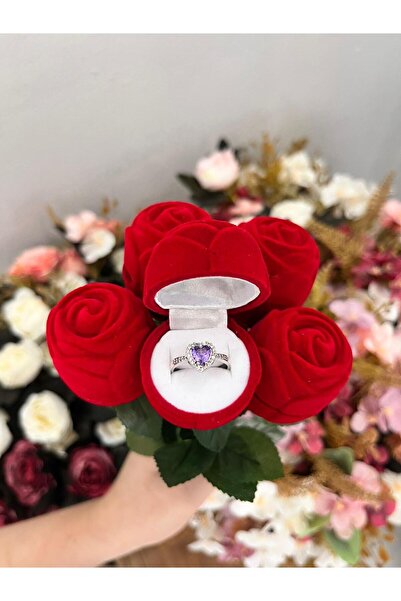 Sepetten Eve Kadife Gül İçinden Çıkan Gümüş Kaplama Kalpli Ciddi İlişki Yüzüğ...