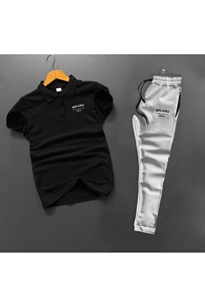 NOFLEN طقم بدلة رياضية بولو ياكا ميلانو باللونين الأسود والرمادي