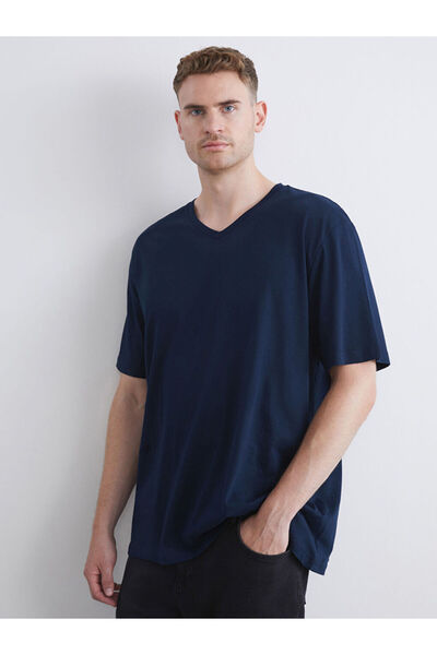 LC Waikiki Navy Blue Plus Size V-Neck Combed Cotton Men's T-Shirt