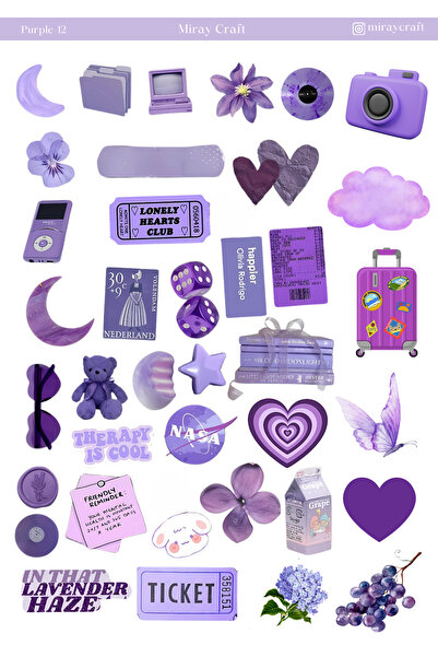 MirayDesign 1 Sayfa Mor Renk Temalı 12*17 cm Sticker /Scrapbook, Bullet Journ...