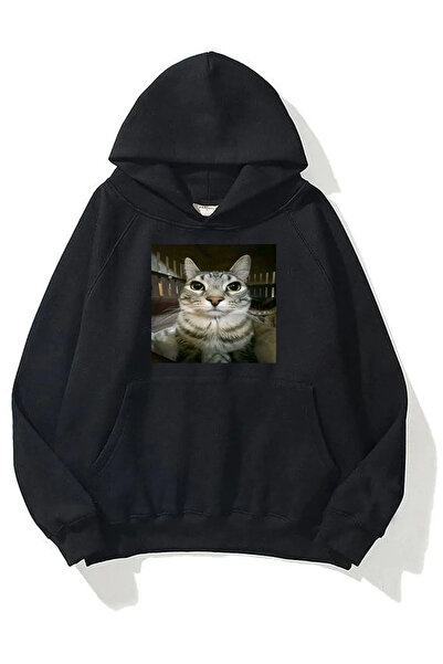 KAWEAR Unisex Kedi Baskılı Sweatshirt Siyah