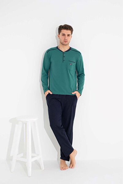GUAVA+ Ανδρικό πράσινο σετ πιτζάμες με 3 κουμπιά, 100% βαμβάκι, με τσέπη στο στήθος και ελαφρύ μακρυμάνικες τσέπες