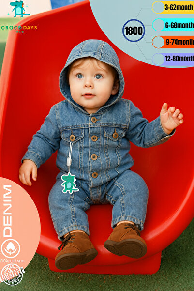 CROCODAYS Unisex Çocuk Bebek Kot (JEANS) Baskılı Kapşonlu Tulum (3/6/9/12) Ay