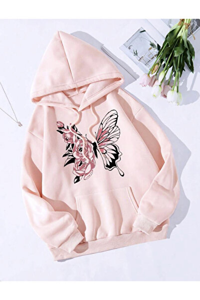 LAPS Hooded Pink Rose Butterfly Oversize Sweatshirt