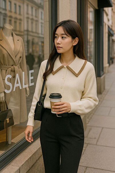 trivvy Yumuşak Dokulu Düğme Detaylı Triko Kazak Krem