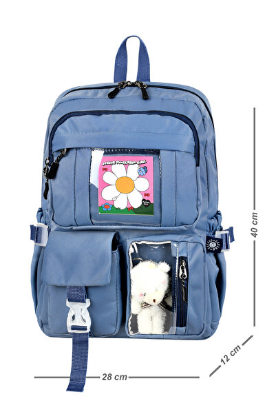 CAKARD Set de 3 ghiozdane albastre din denim - Rucsac cu figurină de ursuleț + Cutie de prânz + Suport pentru creion