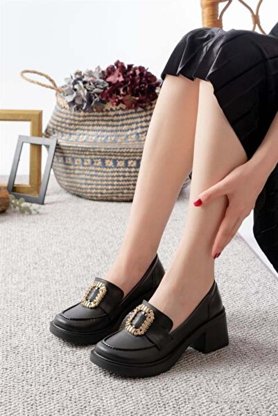 Les Passent Pantofi Lofer cu toc de 6 cm, cu cataramă, piele neagră pentru femei