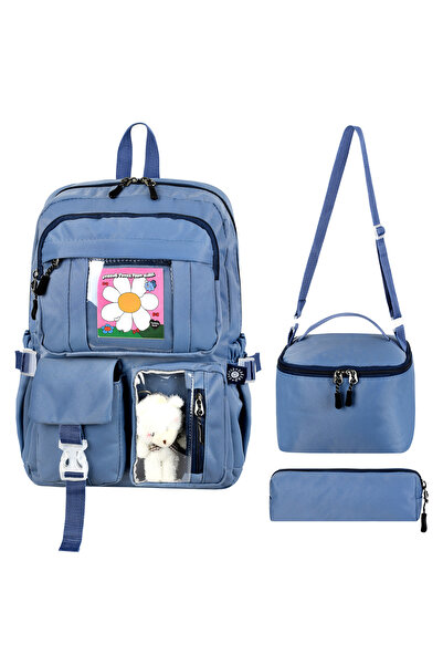 CAKARD Set de 3 ghiozdane albastre din denim - Rucsac cu figurină de ursuleț + Cutie de prânz + Suport pentru creion