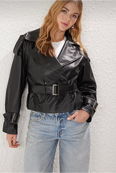 viyan butik Regular Short Trench Coat with Faux Leather Belt