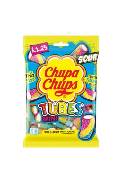 Chupa Chups Tubes Mini Sour Soft & Chewy Fruity Flavour 120 g (Ekşi Mini Meyveli Şeker)