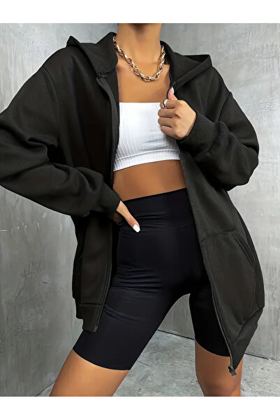 LAPS سترة نسائية سوداء كبيرة الحجم بسحاب