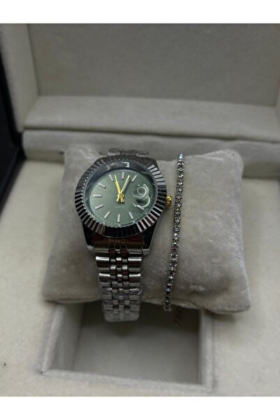 Brality ساعة يد نسائية كلاسيكية من الفولاذ الفضي، هيكل فضي، قرص أخضر، رولكس 0124