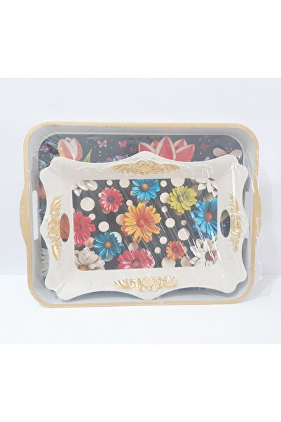 renkli çiçekler صينية شاي 42×32×4 سم و 37×26.5 سم، عبوتان من البلاستيك المنقوش، صينية شاي وقهوة مستطيلة الشكل، صينية تقديم