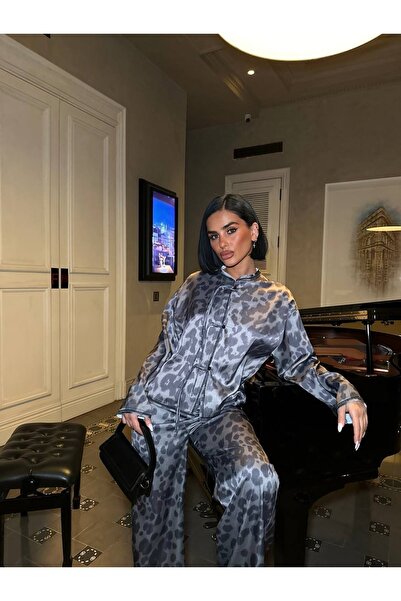 manana fashion Gray Satin Leopard Patterned Shirt Pants Two-Piece Set