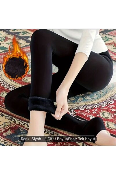 ELZE MODA Kadın Termal Peluş Tayt Siyah