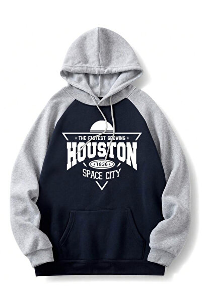 LAPS Hooded Navy Blue Gray Sleeved Houston Space Oversize Sweatshirt