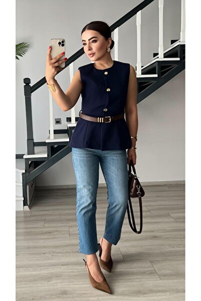 Oslove Navy Blue Belted Gold Button Double Crepe Vest