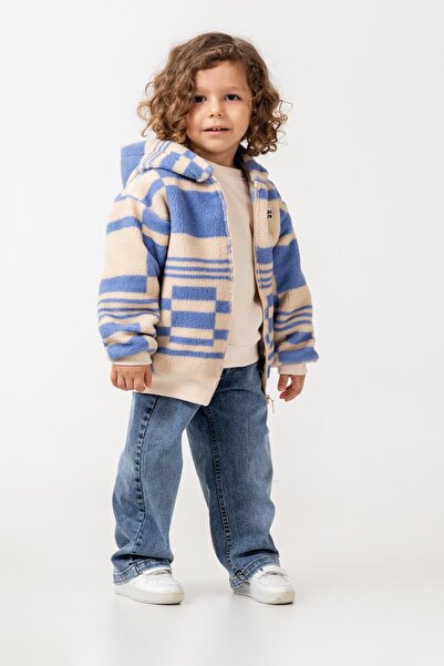 Magu Erkek Çocuk Pamuklu Bej Mavi Kare Desenli Kapüşonlu Fermuarlı Polar Mont - Rahat Dış Giyim