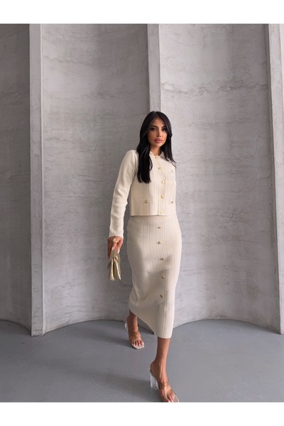 Lovely butik Wide Ribbed Full Button Closure Cardigan Skirt Knitwear Double Set