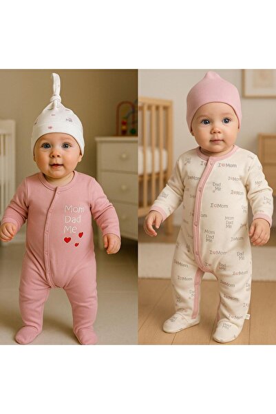 Minisse MİNİSSE-MİNİ CLOUDS KIDS-MOM DAD BASKILI PEMBE TULUM