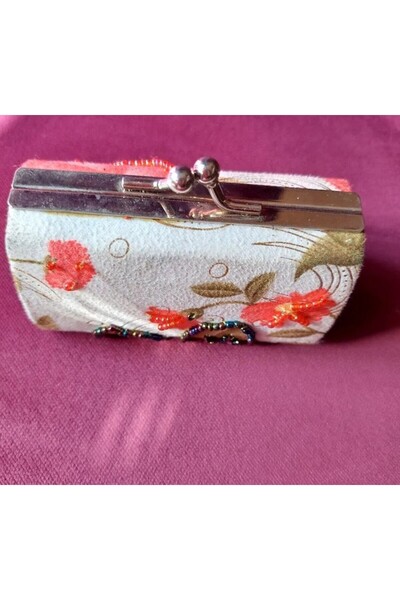 esdekor Mini Purse with Beaded Coin Lipstick Holder Length 7cm Width 9cm Beige Women's Wallet
