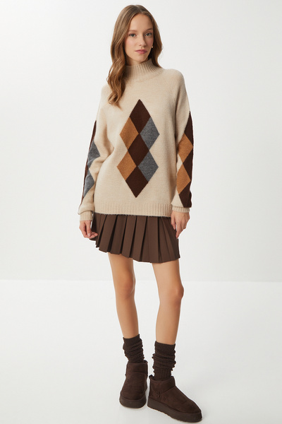 Lovelyİstanbul Pulover din amestec de lână cu model Baklava LYY0130 BEJ