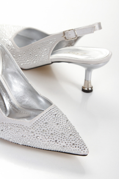 Miss Mitto Women's Silver Satin Covered with Gemstones 5 cm Thin Galvanized Heels Comfortable Stiletto