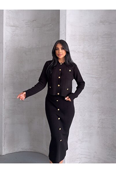 Lovely butik Wide Ribbed Full Button Closure Cardigan Skirt Knitwear Double Set