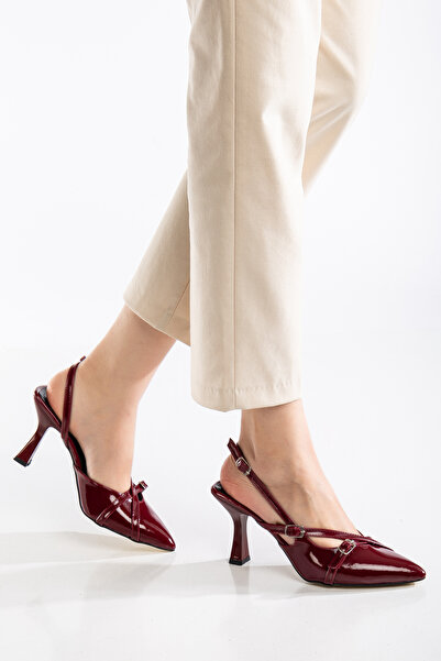 AUREA MILANO Women's Burgundy Patent Leather Double Banded Buckle Detailed Light Classic Heeled Shoes