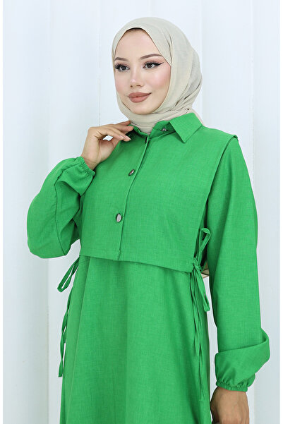 sefamerve Linen Vest Dress Two-Piece Set 2141-09 Emerald Green