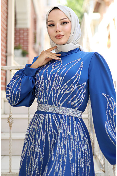 sefamerve Taşlı Saten Abiye Elbise 5806-01 Saks
