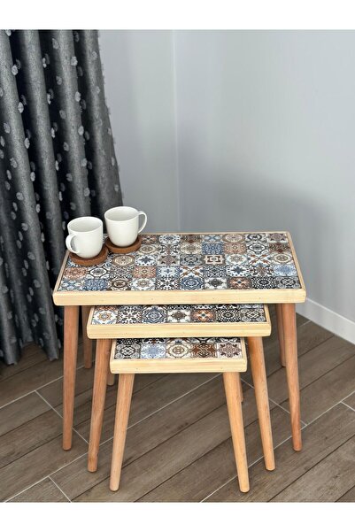 SİNA HOME DESİGNS Ceviz Sehpa Seramik Sehpa 3'lü Zigon Sehpa Takımı