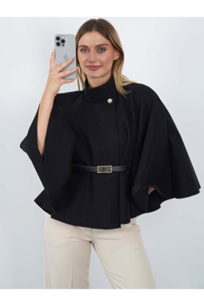 Fibula Dik yaka kemerli kaşe kumaş pelerin panço