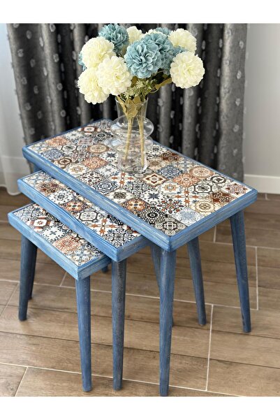 SİNA HOME DESİGNS Ceviz Sehpa Seramik Sehpa 3'lü Zigon Sehpa Takımı