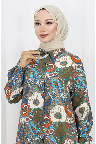 sefamerve Kolu Lastikli Düğmeli Tunik 0134-03 Haki Nar Çiçeği